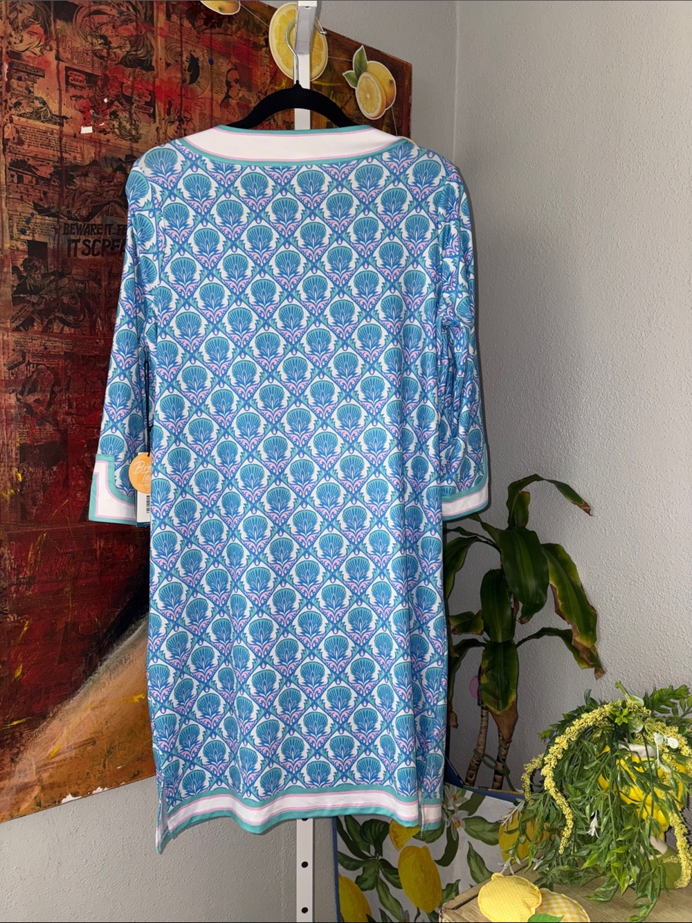 Caribbean Joe Blue & Teal Shell-Print Tunic Dress with White Trim Size M NWT - Picture 5 of 5